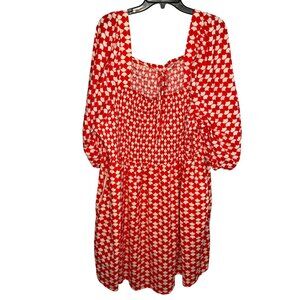 Ava & Viv Red & White Smocked Midi Dress Size 4X Puff Sleeves & Square Neckline
